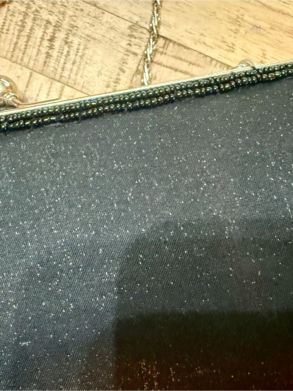Vintage Style Black Satin Evening Clutch Purse with Silver Beaded Frame & Chain - Picture 2 of 6
